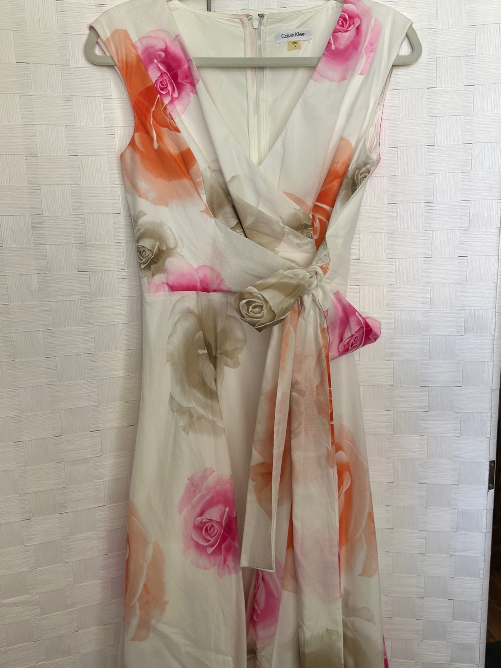 Calvin Klein Cream Wrap Midi Dress with Pink & Orange Rose Print
